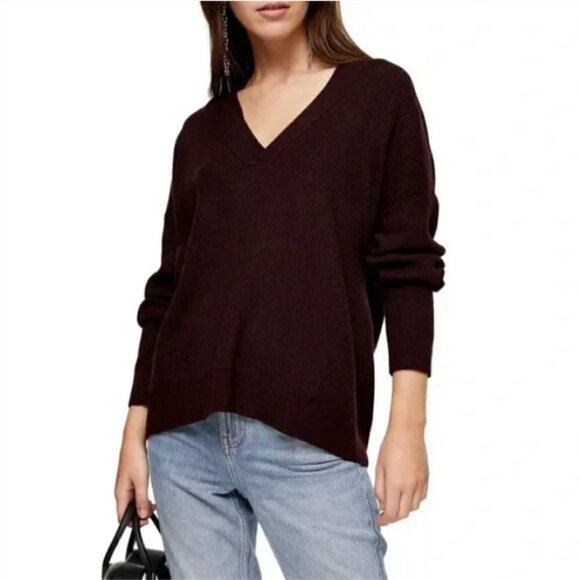 TOPSHOP Slouchy Ribbed V-Neck Sweater Maroon / Burgundy Cozy Oversized Sz XS NWT - Picture 1 of 10